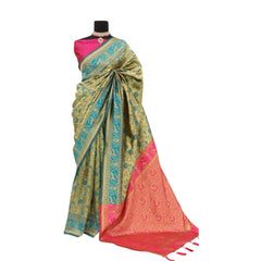 Mayawye Women's Banarasi Printed Saree With Unstitched Blouse 5.5Mtr (Golden)