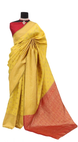 Mayawye Women's Banarasi Printed Saree With Unstitched Blouse 5.5Mtr (Yellow)