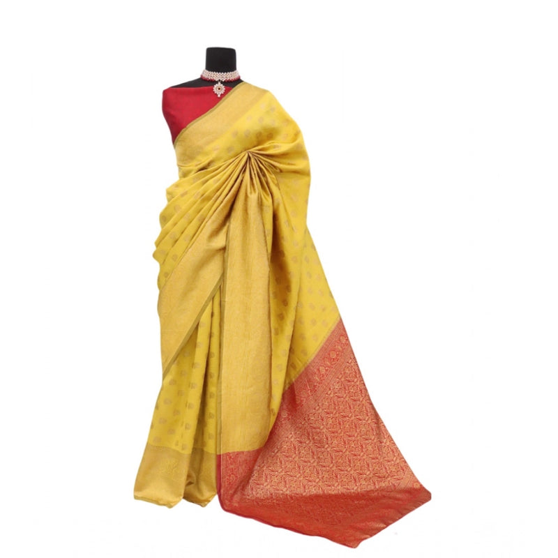 Mayawye Women's Banarasi Printed Saree With Unstitched Blouse 5.5Mtr (Yellow)