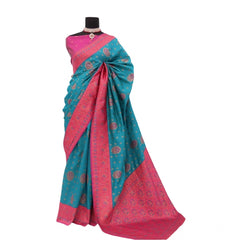 Mayawye Women's Banarasi Printed Saree With Unstitched Blouse 5.5Mtr (Aqua Blue)