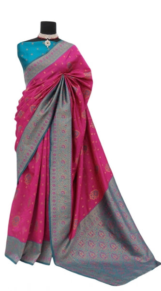 Mayawye Women's Banarasi Printed Saree With Unstitched Blouse 5.5Mtr (Rani)