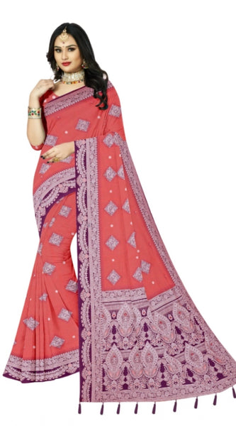 Mayawye Women's Cotton Printed Saree With Unstitched Blouse 5.5Mtr (Peach)