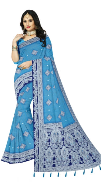 Mayawye Women's Cotton Printed Saree With Unstitched Blouse 5.5Mtr (Firozi)