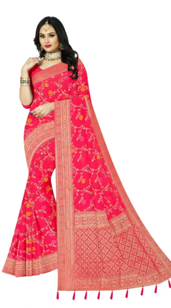 Mayawye Women's Banarasi Printed Saree With Unstitched Blouse 5.5Mtr (Rani)