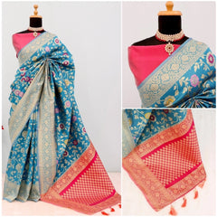 Mayawye Women's Banarasi Printed Saree With Unstitched Blouse 5.5Mtr (Aqua Blue)