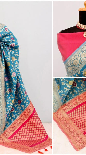 Mayawye Women's Banarasi Printed Saree With Unstitched Blouse 5.5Mtr (Aqua Blue)