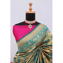 Mayawye Women's Banarasi Printed Saree With Unstitched Blouse 5.5Mtr (Golden)