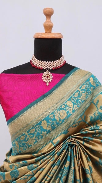 Mayawye Women's Banarasi Printed Saree With Unstitched Blouse 5.5Mtr (Golden)