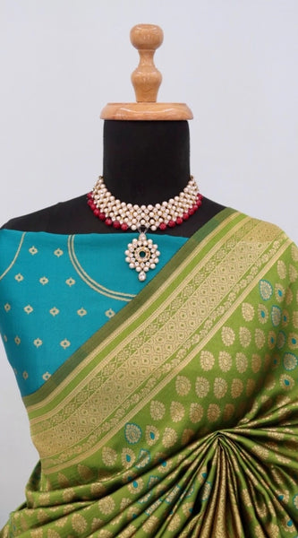 Mayawye Women's Banarasi Printed Saree With Unstitched Blouse 5.5Mtr (Mehendi Green)