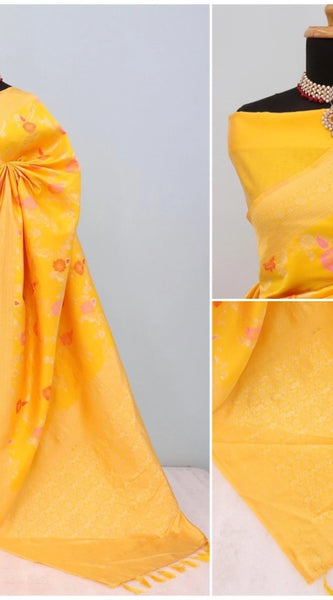 Mayawye Women's Banarasi Printed Saree With Unstitched Blouse 5.5Mtr (Yellow)