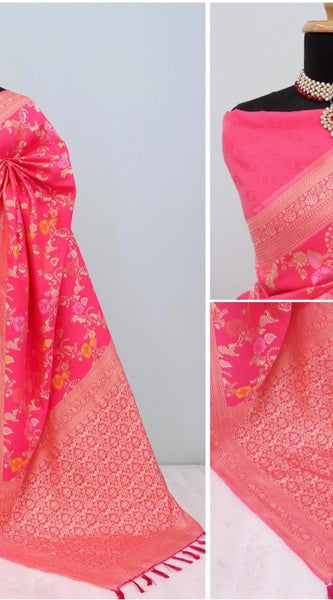 Mayawye Women's Banarasi Printed Saree With Unstitched Blouse 5.5Mtr (Rani)