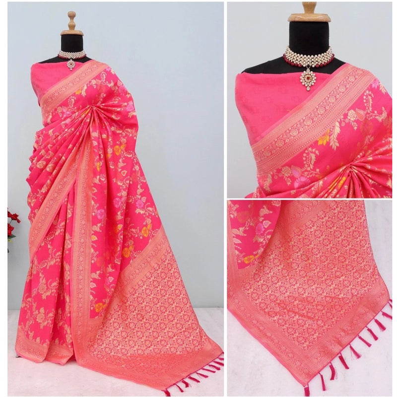 Mayawye Women's Banarasi Printed Saree With Unstitched Blouse 5.5Mtr (Rani)