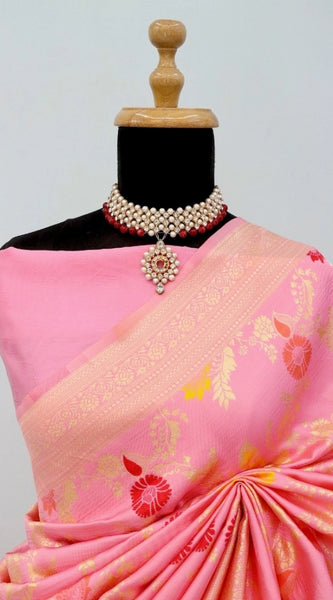 Mayawye Women's Banarasi Printed Saree With Unstitched Blouse 5.5Mtr (Pink)