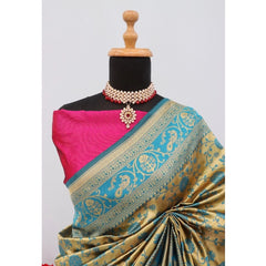 Mayawye Women's Banarasi Printed Saree With Unstitched Blouse 5.5Mtr (Golden)