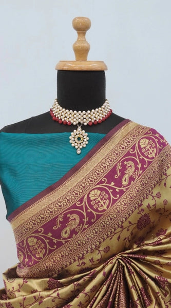 Mayawye Women's Banarasi Printed Saree With Unstitched Blouse 5.5Mtr (Purple)