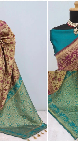 Mayawye Women's Banarasi Printed Saree With Unstitched Blouse 5.5Mtr (Purple)