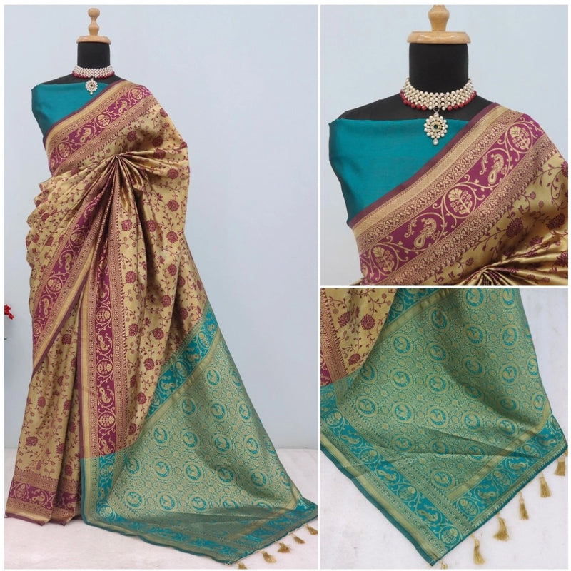 Mayawye Women's Banarasi Printed Saree With Unstitched Blouse 5.5Mtr (Purple)