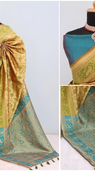 Mayawye Women's Banarasi Printed Saree With Unstitched Blouse 5.5Mtr (Golden)