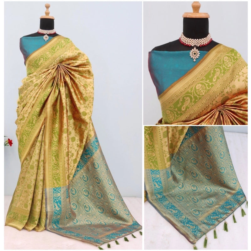 Mayawye Women's Banarasi Printed Saree With Unstitched Blouse 5.5Mtr (Golden)