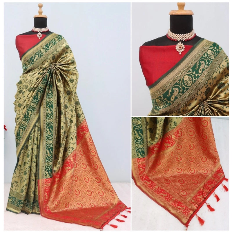 Mayawye Women's Banarasi Printed Saree With Unstitched Blouse 5.5Mtr (Golden)