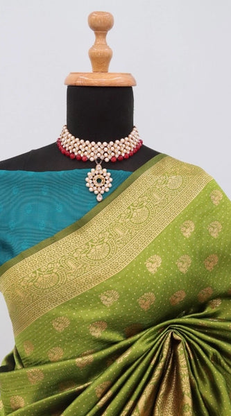 Mayawye Women's Banarasi Printed Saree With Unstitched Blouse 5.5Mtr (Mehendi Green)