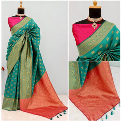 Mayawye Women's Banarasi Printed Saree With Unstitched Blouse 5.5Mtr (Rama)
