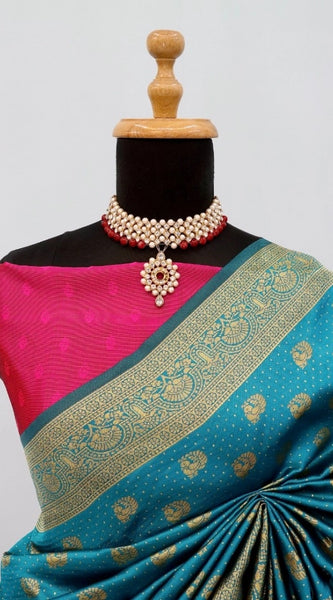 Mayawye Women's Banarasi Printed Saree With Unstitched Blouse 5.5Mtr (Aqua Blue)
