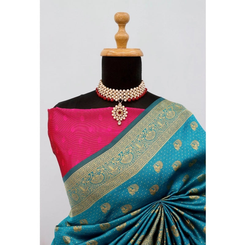 Mayawye Women's Banarasi Printed Saree With Unstitched Blouse 5.5Mtr (Aqua Blue)