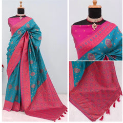 Mayawye Women's Banarasi Printed Saree With Unstitched Blouse 5.5Mtr (Aqua Blue)