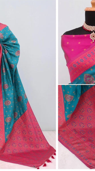 Mayawye Women's Banarasi Printed Saree With Unstitched Blouse 5.5Mtr (Aqua Blue)
