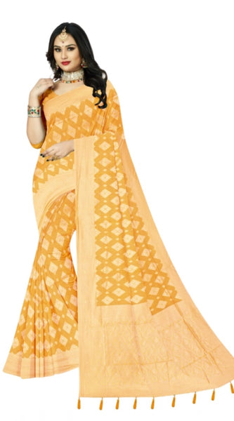 Mayawye Women's Cotton Printed Saree With Unstitched Blouse 5.5Mtr (Yellow)