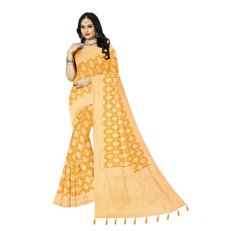 Mayawye Women's Cotton Printed Saree With Unstitched Blouse 5.5Mtr (Yellow)