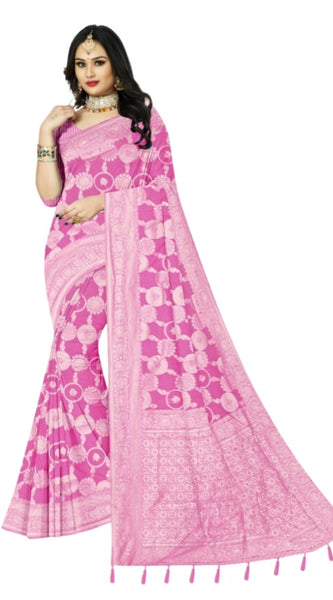 Mayawye Women's Cotton Printed Saree With Unstitched Blouse 5.5Mtr (Pink)