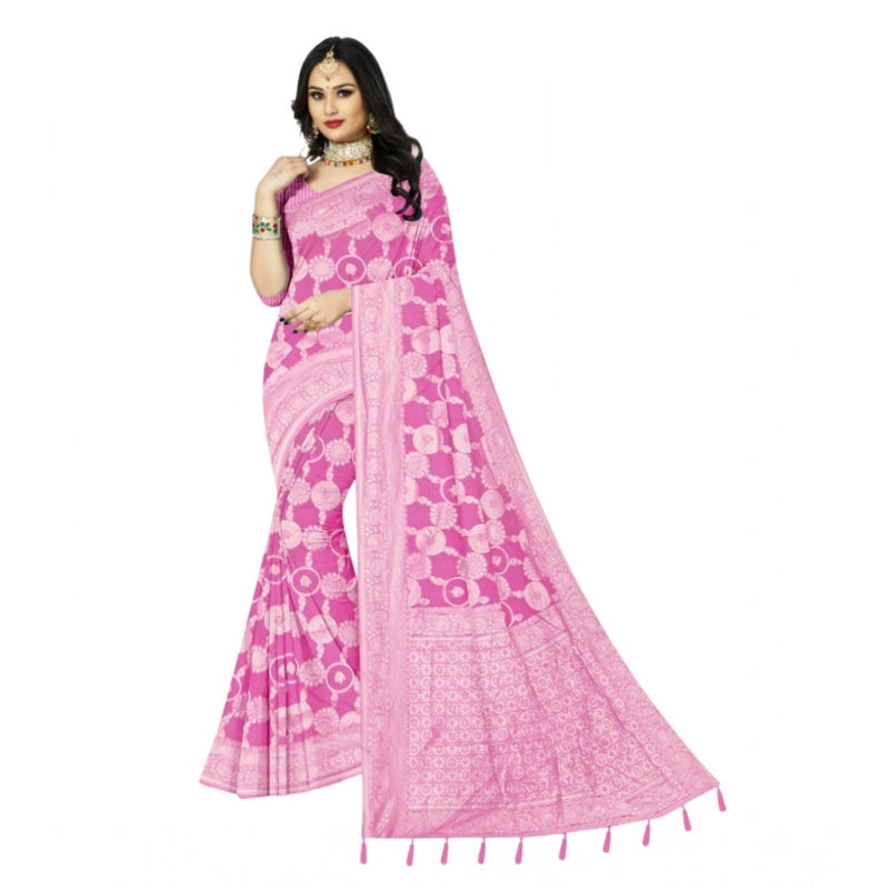 Mayawye Women's Cotton Printed Saree With Unstitched Blouse 5.5Mtr (Pink)