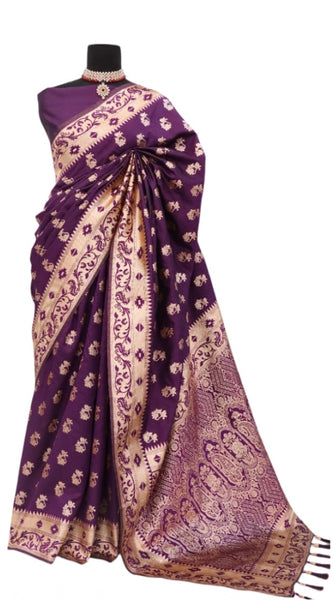 Mayawye Women's Satin Printed Saree With Unstitched Blouse 5.5Mtr (Purple)