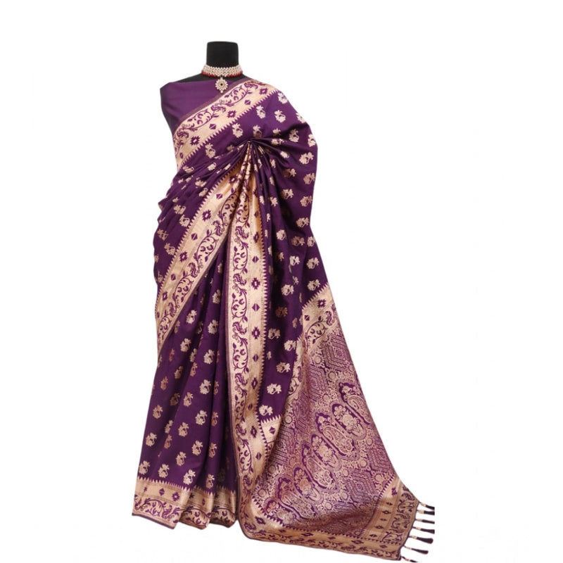 Mayawye Women's Satin Printed Saree With Unstitched Blouse 5.5Mtr (Purple)