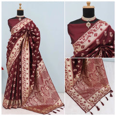 Mayawye Women's Satin Printed Saree With Unstitched Blouse 5.5Mtr (Brown)