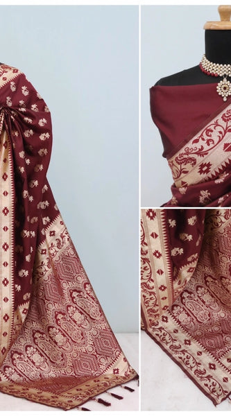 Mayawye Women's Satin Printed Saree With Unstitched Blouse 5.5Mtr (Brown)