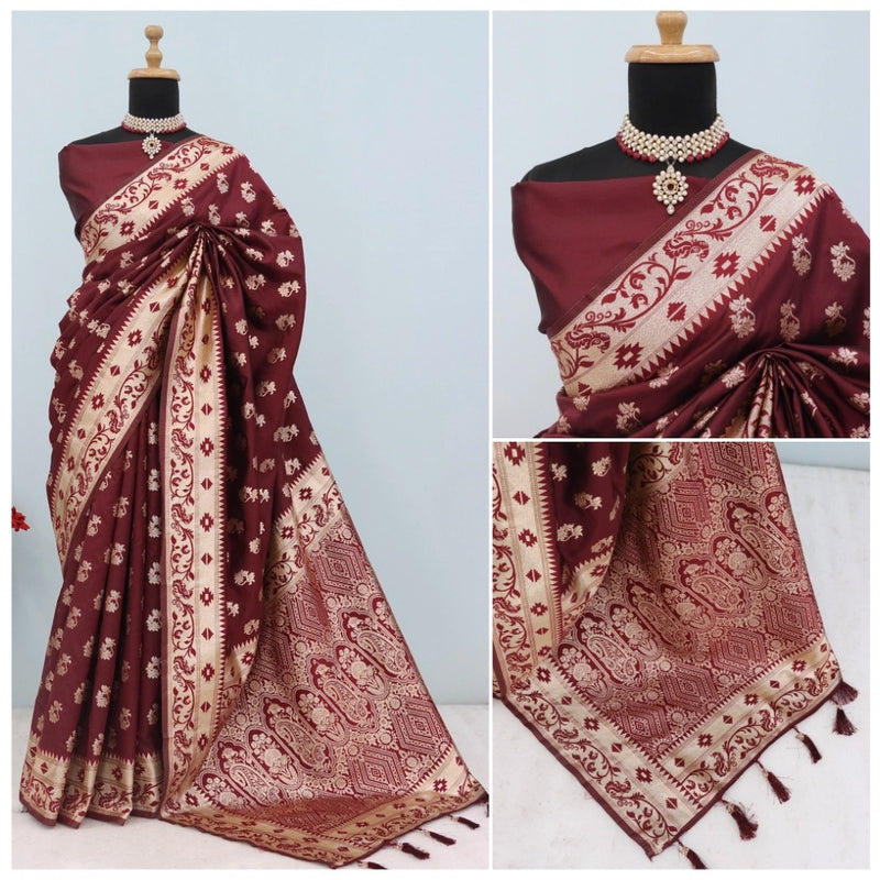 Mayawye Women's Satin Printed Saree With Unstitched Blouse 5.5Mtr (Brown)