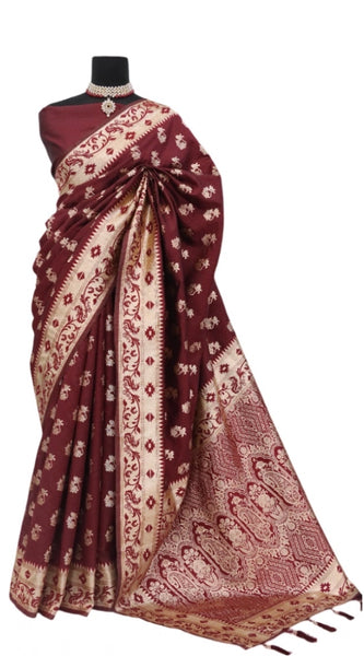 Mayawye Women's Satin Printed Saree With Unstitched Blouse 5.5Mtr (Brown)