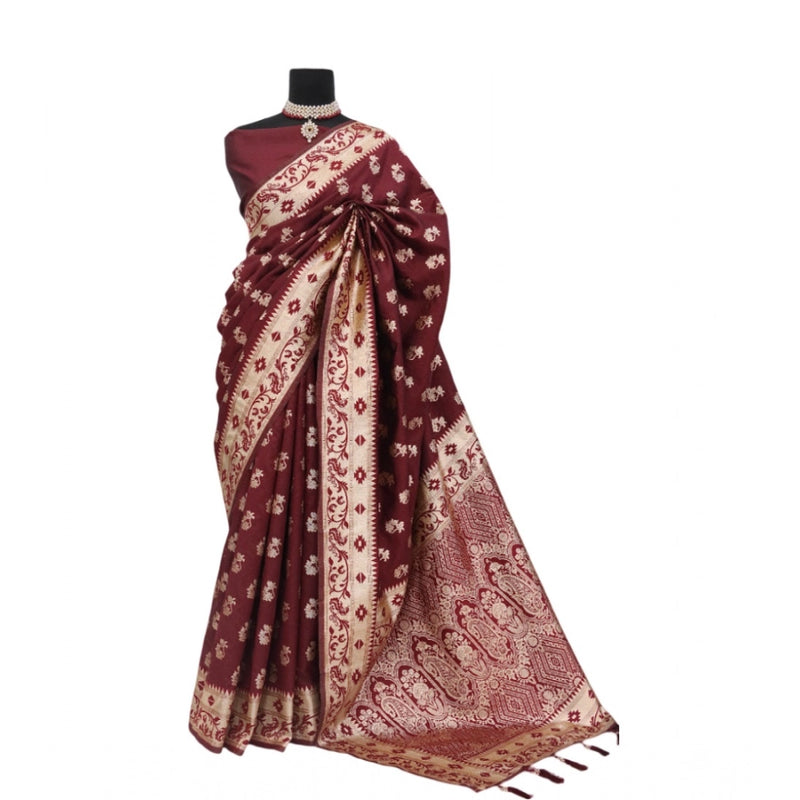 Mayawye Women's Satin Printed Saree With Unstitched Blouse 5.5Mtr (Brown)