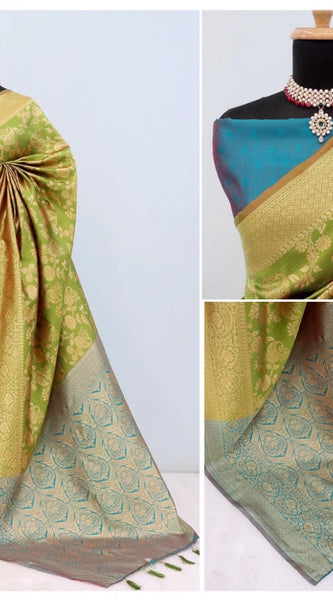 Mayawye Women's Banarasi Printed Saree With Unstitched Blouse 5.5Mtr (Mehendi Green)