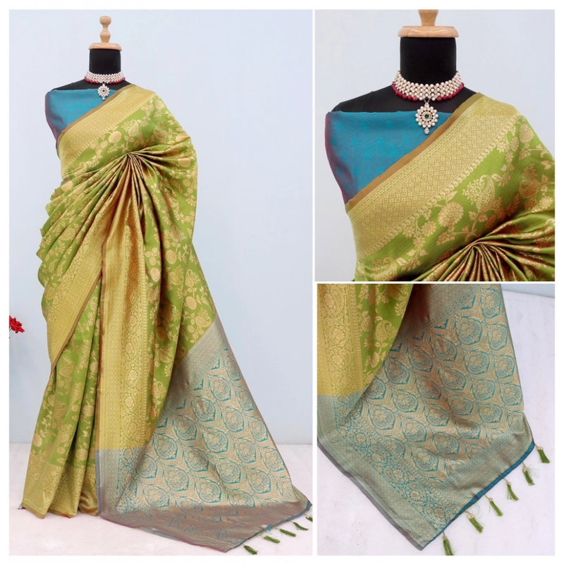 Mayawye Women's Banarasi Printed Saree With Unstitched Blouse 5.5Mtr (Mehendi Green)