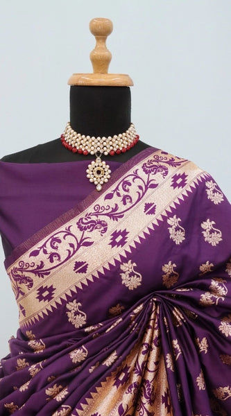 Mayawye Women's Satin Printed Saree With Unstitched Blouse 5.5Mtr (Purple)