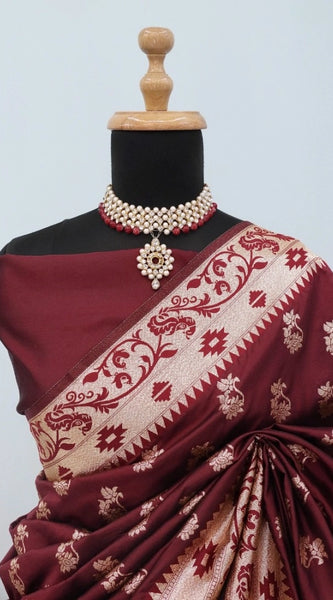 Mayawye Women's Satin Printed Saree With Unstitched Blouse 5.5Mtr (Brown)