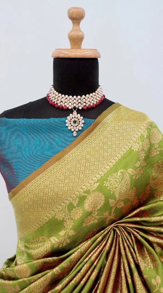 Mayawye Women's Banarasi Printed Saree With Unstitched Blouse 5.5Mtr (Mehendi Green)