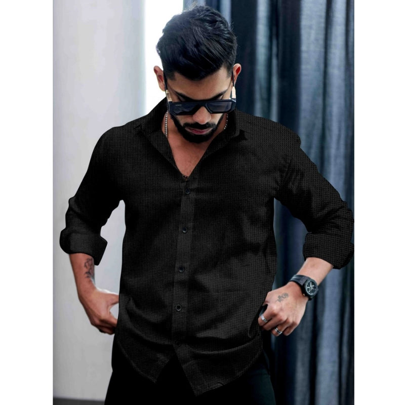 Mayawye Men's Casual PollyCotton Textured Full Sleeve Collar Shirt (Black)