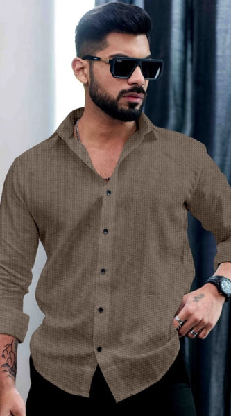 Mayawye Men's Casual PollyCotton Textured Full Sleeve Collar Shirt (Grey)