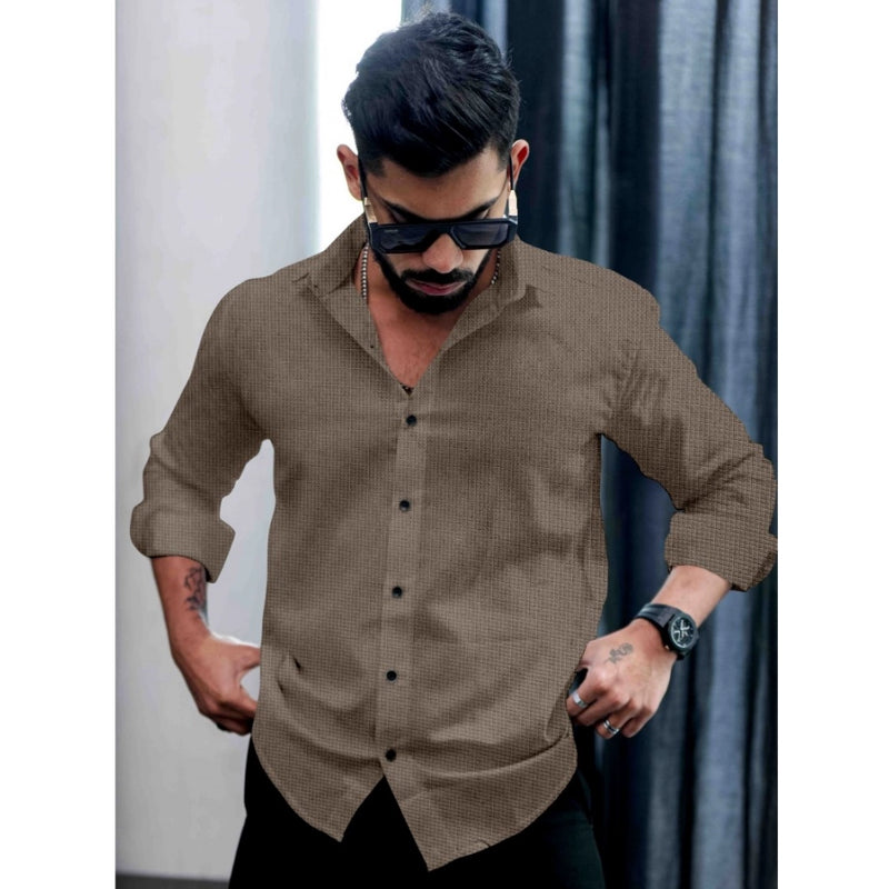 Mayawye Men's Casual PollyCotton Textured Full Sleeve Collar Shirt (Grey)