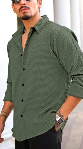 Mayawye Men's Casual Popcorn Self-design Full Sleeve Collar Shirt (Green)